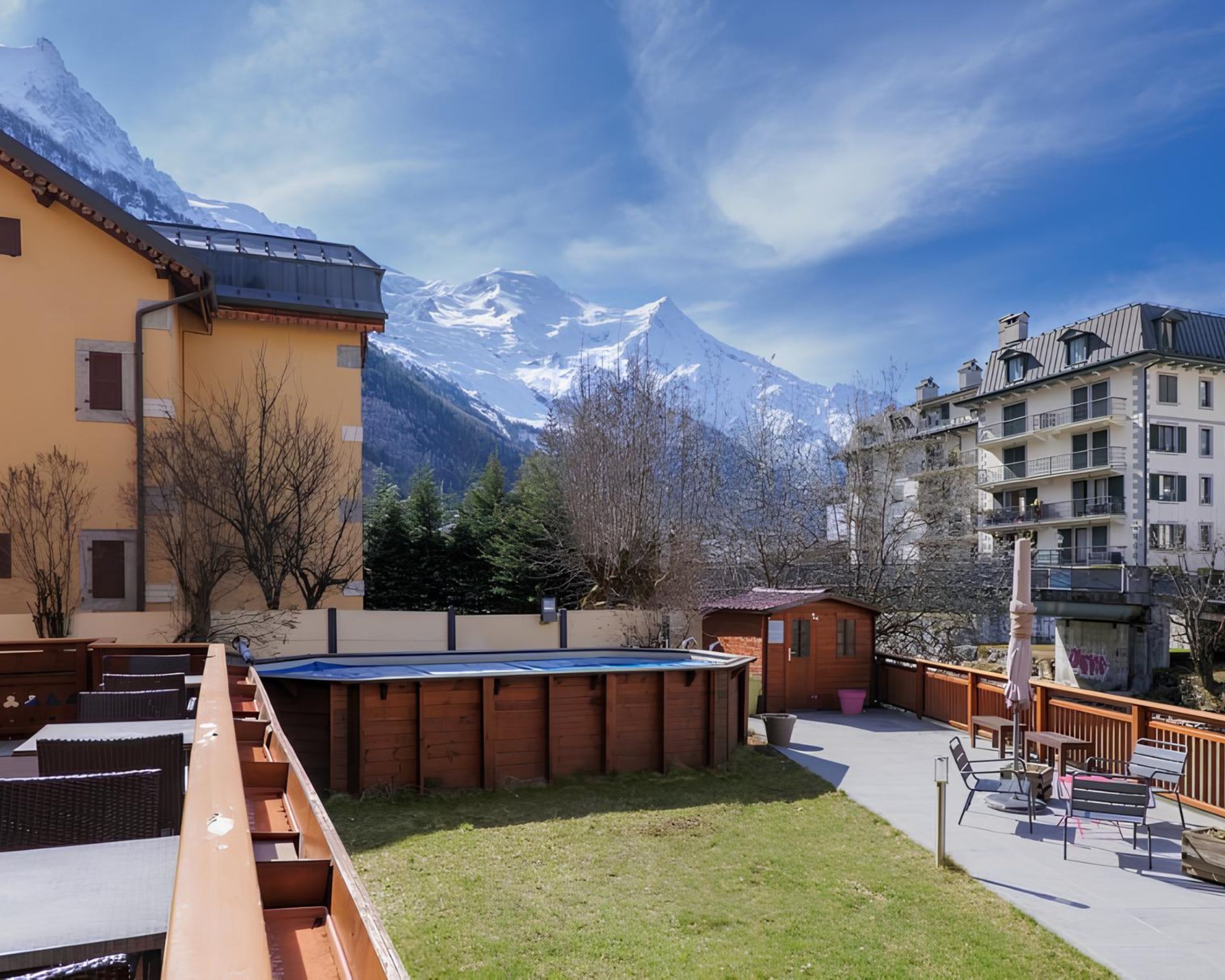Terrace of the hotel Les Gourmets in Chamonix facing Mont-Blanc
